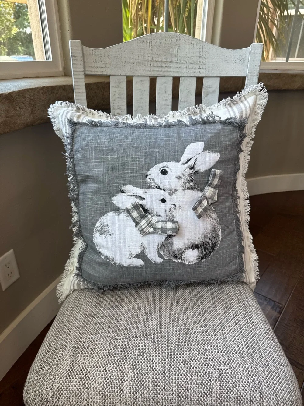 Gray Bunny 20X20 Farmhouse Decorative Fringe & Checkered Throw Pillow